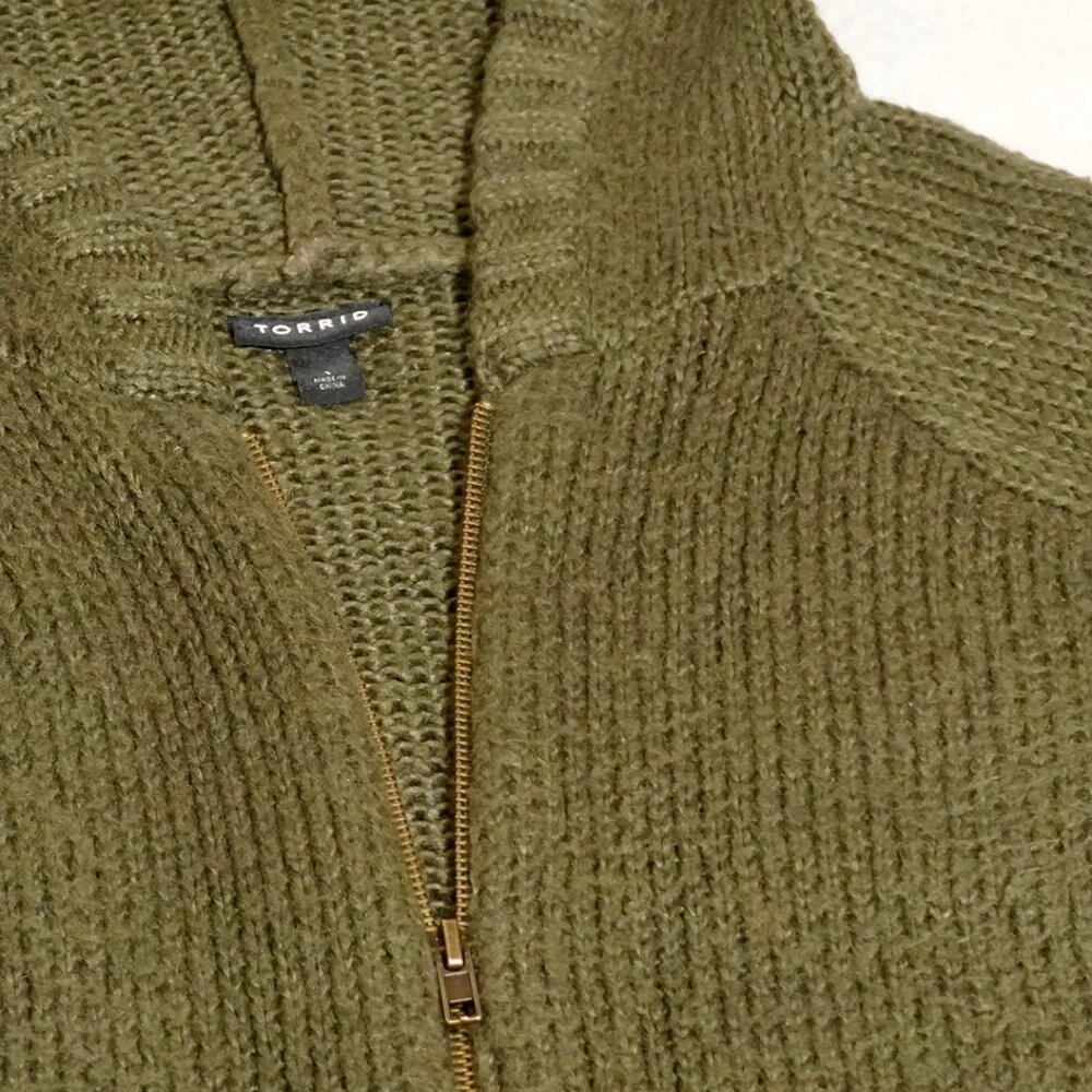 Rib Star Elbow Patch Zip Hoodie Cardigan Olive Green - Picture 8 of 10